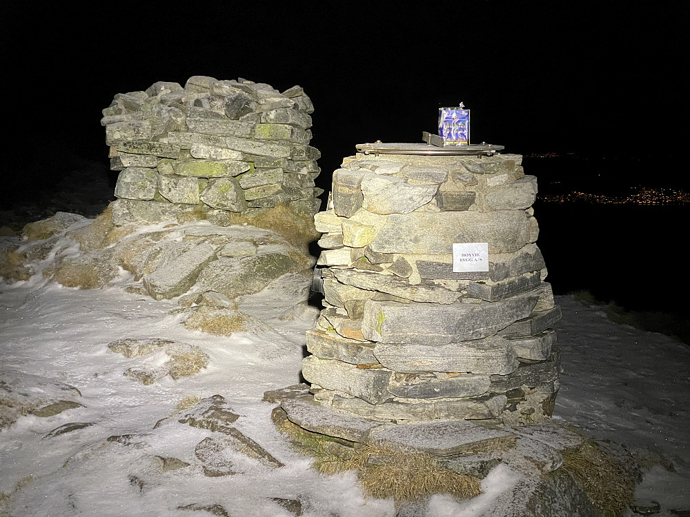 Image #2: The two cairns on top of Mount Storhornet. A newly burnt out fireworks battery pack was still on top of the smaller cairn.