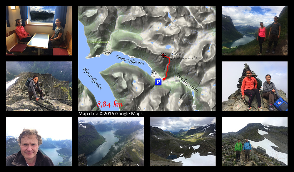 Image #1: My two daughters on the ferry between Magerholm and Ørsneset. Image #2: A Google Map with our gps track from the village of Øye up to the summit of Mount Slogen. Image #3: View from our climb towards the fjord called Nordangsfjorden. Image #4: My daughter Sol on her final climb towards the summit of the mountain. Image #5: Both of my daughters by the cairn on the summit of the mountain. Image #6: Myself with the fjord of Nordangsfjorden and the village of Urke in the background. Image #7: Nordangsfjorden Fjord as seen from the summit of the mountain. Image #8: View from Mount Slogen towards the valley of Liadalen. This valley actually offers an alternative, not so steep, route to Mount Slogen, starting out from a valley above the village of Stranda. Image #9: On our way back down. Mount Slogen is now barely visible in the clouds high up behind my daughters.