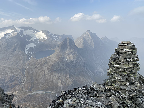 Image #5: The cairn that can be seen from the parking lot at Trollstigen Tourist Center.