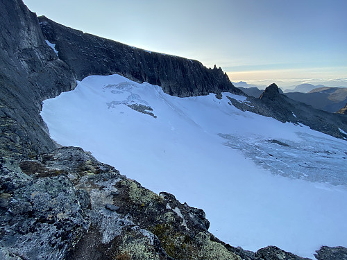 Image #15: The upper part of Adelsbreen Glacier. Mount Setergjelstinden is seen on the other side of the glacier. To the left, i.e. above the glacier, is Mount Trollklørn, actually the west ridge of Mount Store Trolltinden.