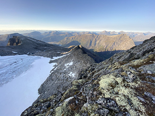 Image #16: View from Mount Nordre Trolltinden towards the town of Åndalsnes. The mountain range seen just to the right of Åndalsnes is the renown range of Romsdalseggen.