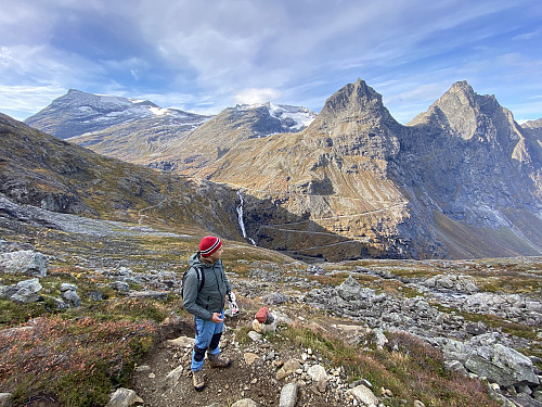 Image #1: View from Stigbotnen Valley towards Trollstigen Mountain road and the mountains of Bispen, Kongen og Dronninga [i.e. The Bishop, The King and The Queen]. In the background are also seen Mount Finnan and Mount Alnestinden.