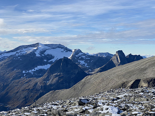 Image #4: View of Mount Finnan, Mount Bispen, and Mount Dronninga, from the ridge between Mount Storgrovfjellet and Mount Breitinden. Mount Finnan is the one with a little glacier in the mountainside.