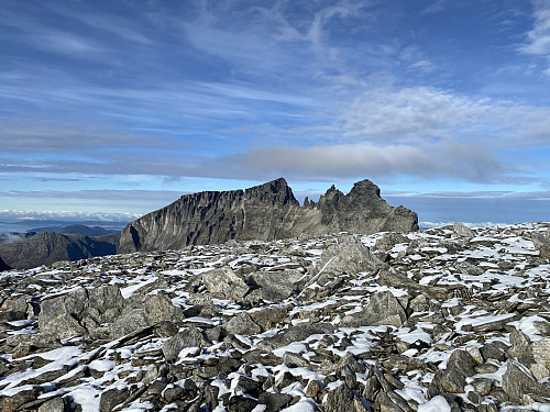 Image #5: View towards "The Troll Peaks" [Norwegian: Trolltindane], the highest of which is Mount Store Trolltinden [i.e. "The Greater Troll Peak" - 1788 m.a.m.s.l.]. The second highest is Mount Trollryggen [i.e. "The Troll's Back" - 1725 m.a.m.s.l.].