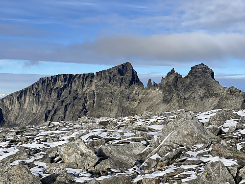 Image #6: A closer (zoom) view of the Troll Peaks. These peaks are actually lining the top of 1000 meter high vertical cliff known as Trollveggen [i.e. "The Troll Wall"]. These peaks are usually climbed from this side; the vertical cliff being on the other side.