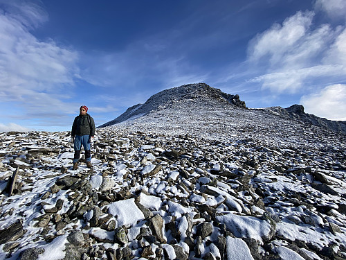 Image #7: On the west ridge of Mount Breitinden, the summit being hidden behind the knoll that appears to be the summit on this image. The knoll to the right is called Mount Lille Breitinden [i.e. "The Little Broadpeak"].