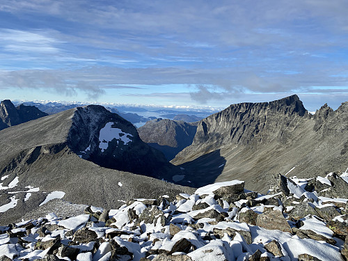 Image #8: A view of Storgrova Valley from the west ridge of Mount Breitinden. On the left side of the valley is Mount Storgrovfjellet [1629 m.a.m.s.l.], and on the east side is Mount Store Trolltinden [1788 m.a.m.s.l.].