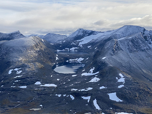 Image #16: View towards Lake Nørdre Isglupen and Lake Søre Isglupen. The mountain on the other side of the lakes, and on the right side of them is Mount Skarfjellet [1723 m.a.m.s.l.]; and the one on the left side of the lakes is Mount Tua [1693 m.a.m.s.l.].