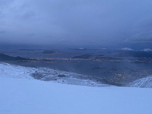 Image #3: View from Mount Tverrfjellet towards the town of Ålesund.