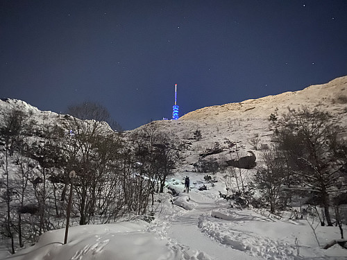 Image #1: Long exposure image of Mount Ulriken, using only the available moonlight. The stairs up this mountain side were all covered by snow.