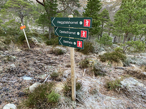 Image #5: Just a few meters from the shores of Lake Heggdalsvatnet, there is a sign pointing out the trail further on to Mount Heggdalshornet and Mount Opstadhornet. If you take right when you come to this sign, you get down to the lake; and if you take left, the trail leads you up to the mentioned mountains.