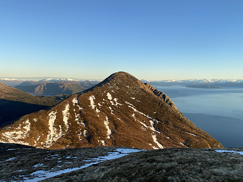 Image #12: Mount Heggdalshornet as seen from the east ridge of Mount Opstadhornet. The town of Molde is hidden behind the mountain.