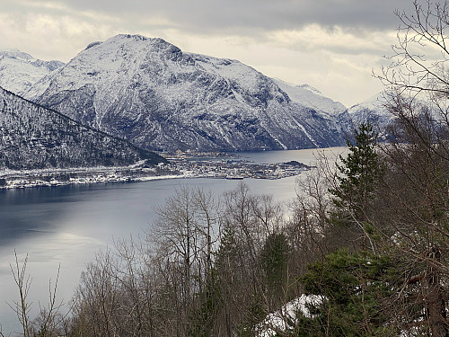 Image #5: View towards the town of Åndalsnes on the other side of the fjord. The mountain seen in the background is Mount Setnesfjellet.