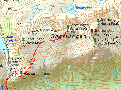 Image #13: Map of Mount Snortungen with its peaks and knolls. The red line is my route.