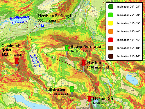 Image #3: While on this ski tour, we used an app with an inclination map. In order to avoid the risk of avalanches, we tried to avoid any slopes with an inclination of more than 35°, aiming at a route along the dotted line.