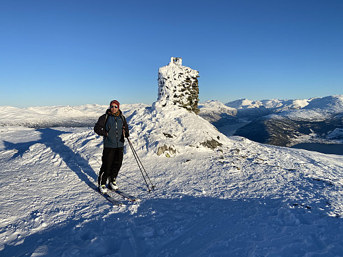 Image #8: On top of Mount Bergsetnakken. The village of Innvik, on the other side of the fjord, is seen close to the right edge of the picture, and the inner part of the fjord, by the villages of Olden and Loen, is seen in the far.