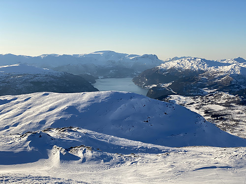 Image #10: View over the nearby Mount Heida [994 m.a.m.s.l.] towards the outer parts of the fjord of Nordfjord.