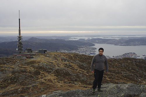 Image #7: View from the summit of Mount Ulriken [643 m.a.m.s.l.] towards the west peak [607 m.a.m.s.l.], with the upper cable car stop, and the telecommunications mast.