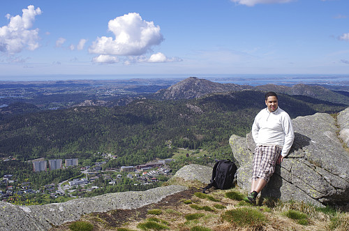Image #4: My son Dag on top of Mount Løvstakken, with a view towards the Fyllingsdalen valley along with Mount Olsokfjellet [354 m.a.m.s.l.], Mount Gravdalsfjellet [353 m.a.m.s.l.] and Mount Lyderhorn [396 m.a.m.s.l.].