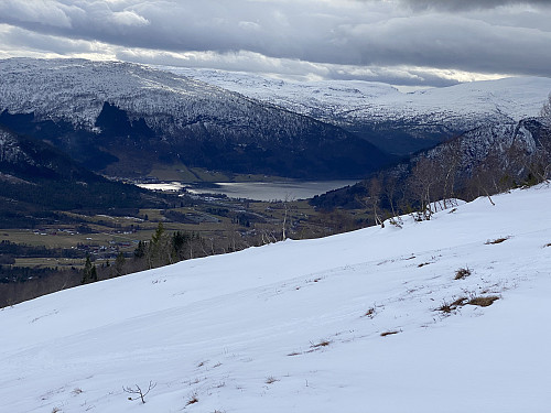 Image #2: View from the downhill skitrail of Horningdal Skiing Centre towards Lake Hornindalsvatnet and the village of Grodås.