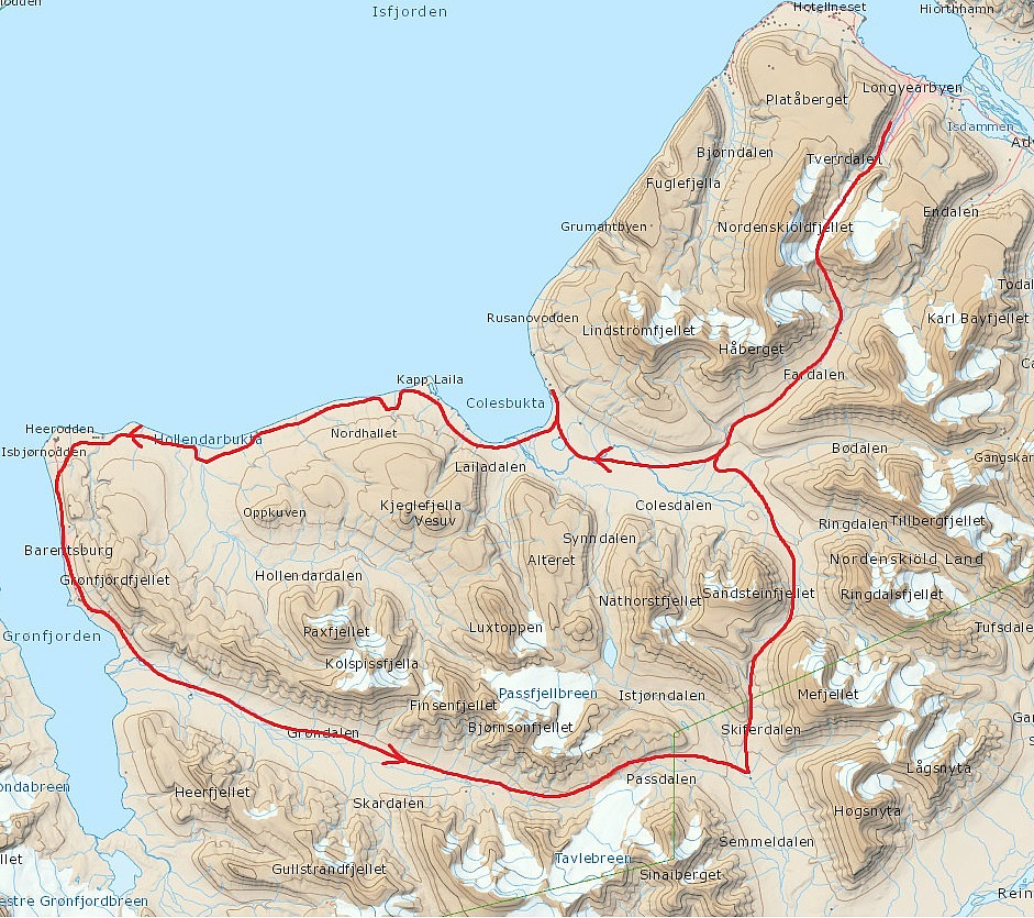 Inntegnet rute av snøscooterturen