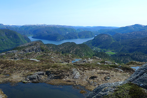 Mot Romarheimsfjorden. Almeskilet 320 moh  bakenfor den grønne flekken (Flotane)