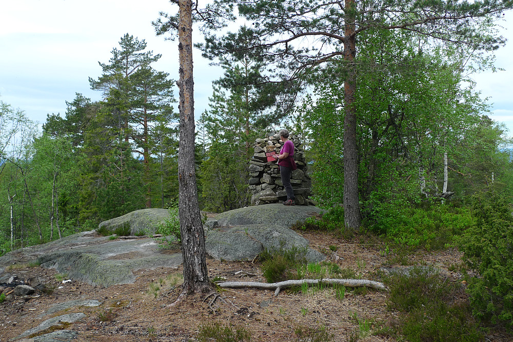 Astrid ved varden på Store Valefjell - høyest i Kragerø