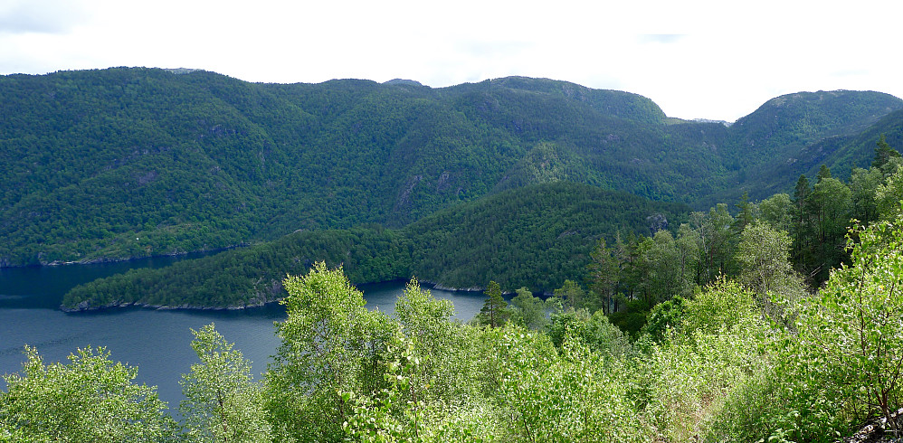 Ikke så lett å få gode bilder av HP på Nevøyna. Dette er tatt fra hovedveien nord for øyen. Øyna midt i bildet med NØ-siden (Tangen) mot venstre og høyeste punkt mot høyre