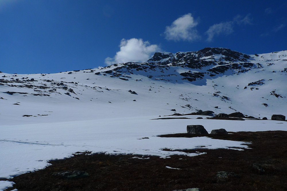 Fra SØ-siden av Svartvatnet 900 moh mot Litj-Snota. Det ser ikke så bratt ut på bildet, men herfra venter 700 hm!