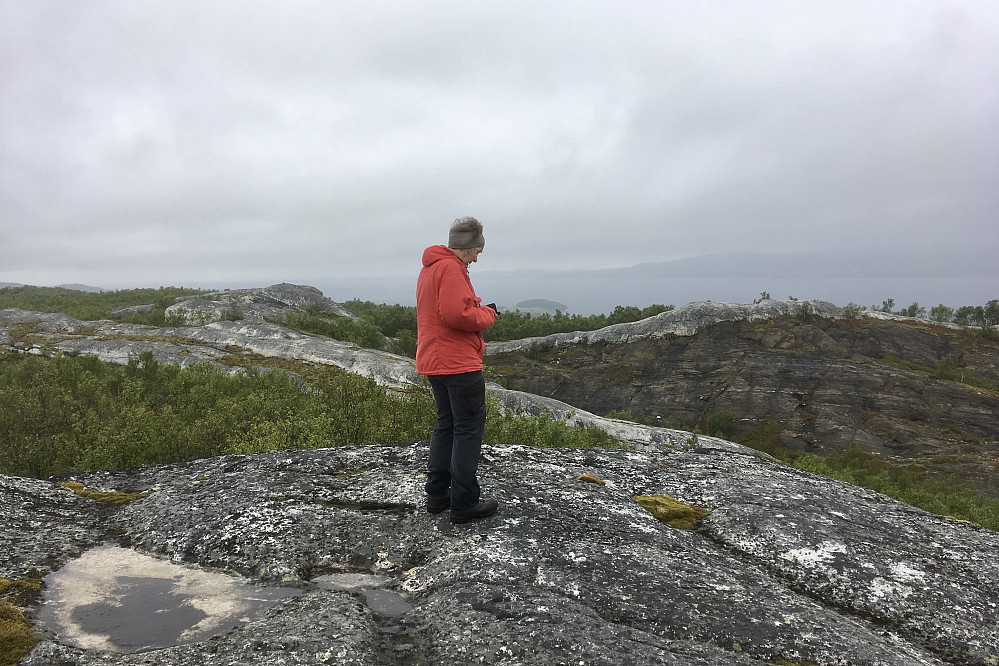 Astrid på PB-toppen på Store Brannen. Det andre mulige topp-punktet skimtes i bakgrunnen til venstre. Mot høyre den lavere ryggen der varden med turkassen ligger