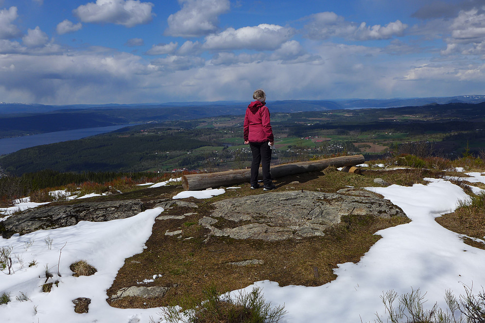 Astrid på utsiktspunktet NV for Lamannshaugen. Utsikt nordover langs Randsfjorden