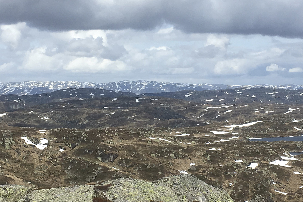Foto nordover mot Urdalsknuten 1434 som skimtes som det høyeste fjellet midt i bildet langt der ute i horisonten