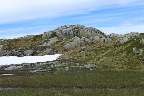 På denne snøflekken sto reinflokken. Toppen i bakgrunnen er noen meter lavere enn Brannheiklumpen 818