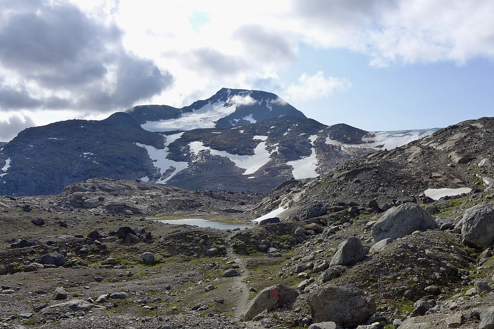 Lengst sør på høydedraget ved 828-vannet kommer den ruvende Okskolten til syne! På snøflekken på høyre side av vannet sto det noen reinsdyr og kjølte seg ned.