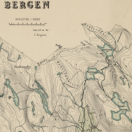 Utsnitt av kart over Bergen fra 1907 med merket sti til hytten Noreg nord for Tarlebøvand