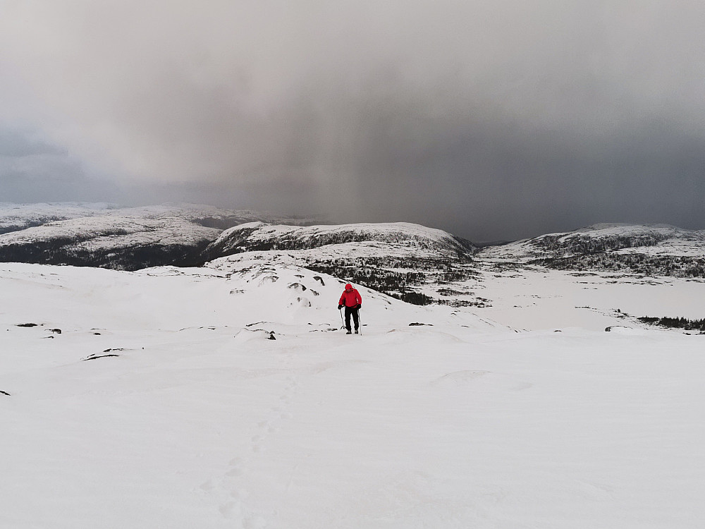 Over tregrensen. Snøbye på vei inn fra sør. Austvatnet i bakgrunnen mot høyre