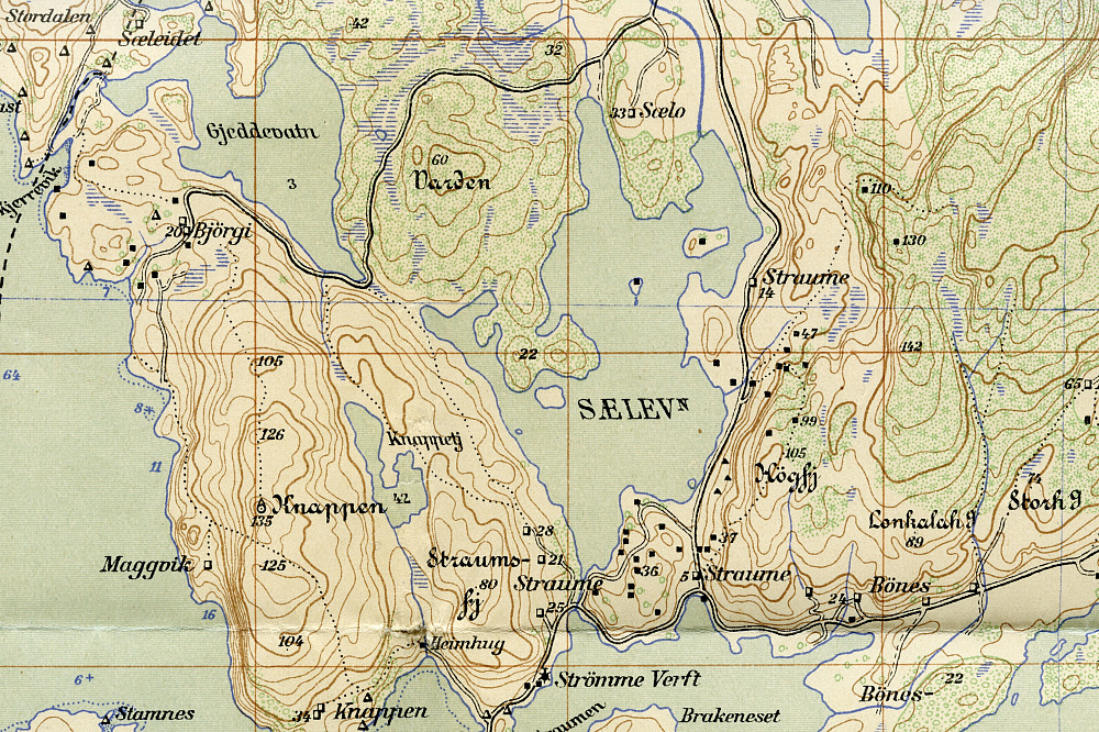 Varden 60 moh og hovedveien fra Bjørge mot Fyllingsdalen i gamle Fana kommune viser på dette kartet fra 1920