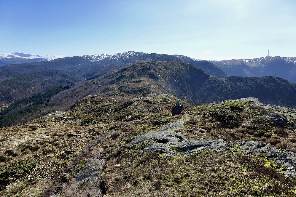 Utsikt mot SØ fra Gråbeinryggen mot Stangelifjellet. Masten på Rundemanen i bakgrunnen mot høyre