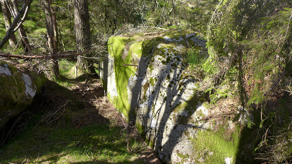 Stor stein sør for Fjelly med innslått bolt. GPS 32 V 296745 6698503.