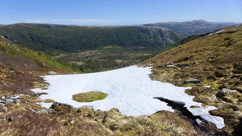 Tilbakeblikk nedover (østover) mot myrområdene i Eidbyggskardet nord for Sandvatnet. Langfjellet 513 i bakgrunnen