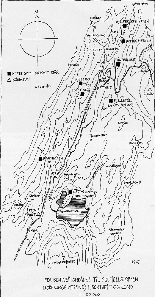 Hyttene på Bontveit 1988. Fra Bergensernes Fjellverden II