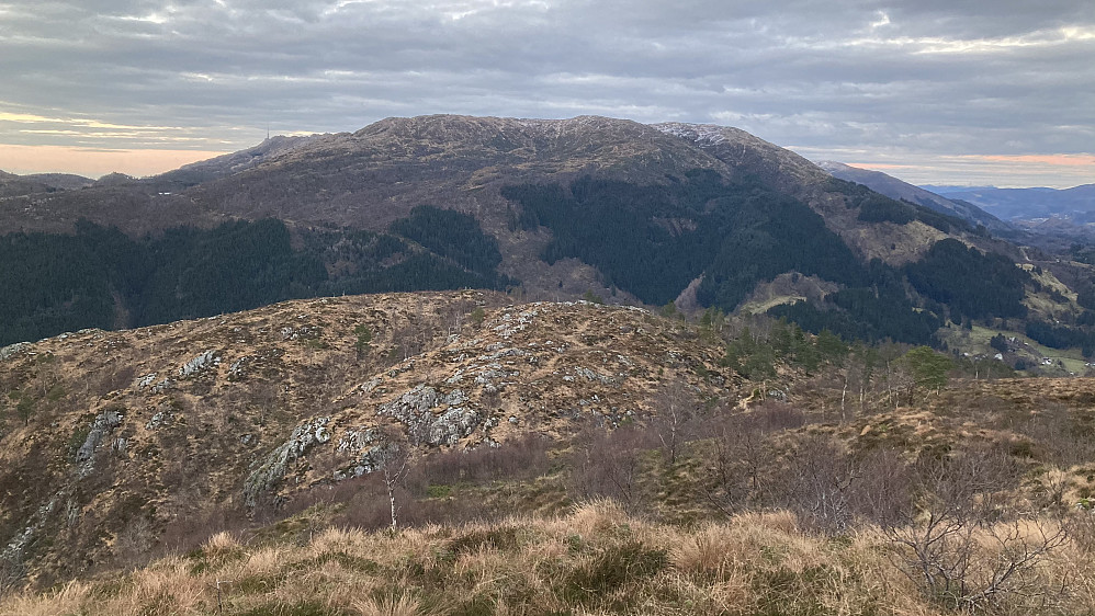 Brattlandfjellet er den avrundete kulen midt i bildet. Ulriken-massivet i bakgrunnen