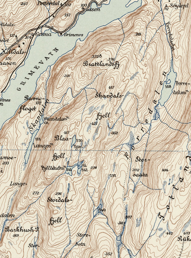 Utsnitt av Omegnskart Hordaland 1931 fra NGO/Kartverket. Kartet viser navnsettingen i området med Skavdalsfjell, Stordalsfjell, og Blaafjell som tilsvarer dagens Flåfjell (418)