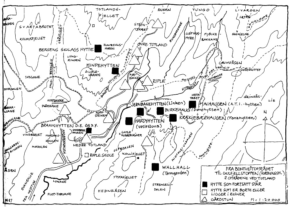 Kart over Bontveitområdet med inntegnete hytter. Fra Bergensernes Fjellverden II side 345