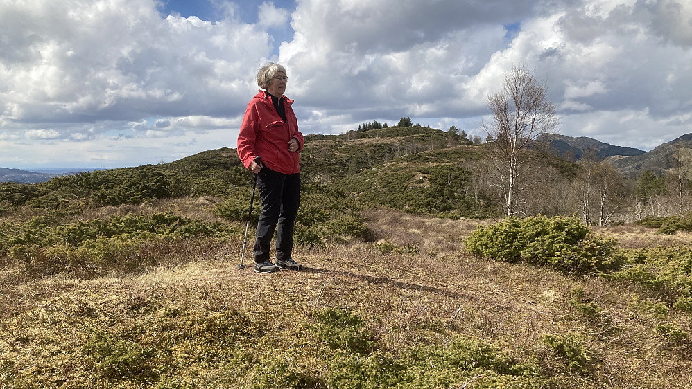 Astrid på toppen av Birkelandsnipa SØ. Hovedtoppen i bakgrunnen
