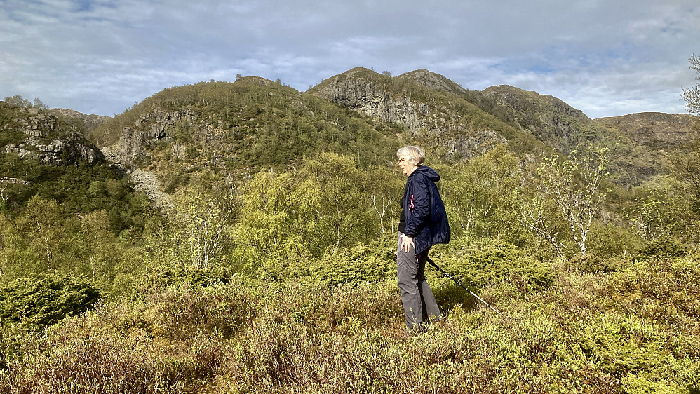 Astrid på toppen av Lauvåsen. Kløvet som fører oppp mot Setervatnet i bakgrunnen
