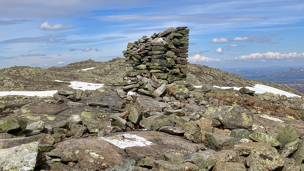 Den "avspiste" varden på Søre Fongen med trig-merket  og fjernete steiner fra varden i forgrunnen. Fongen 1441-vardene helt i bakgrunnen