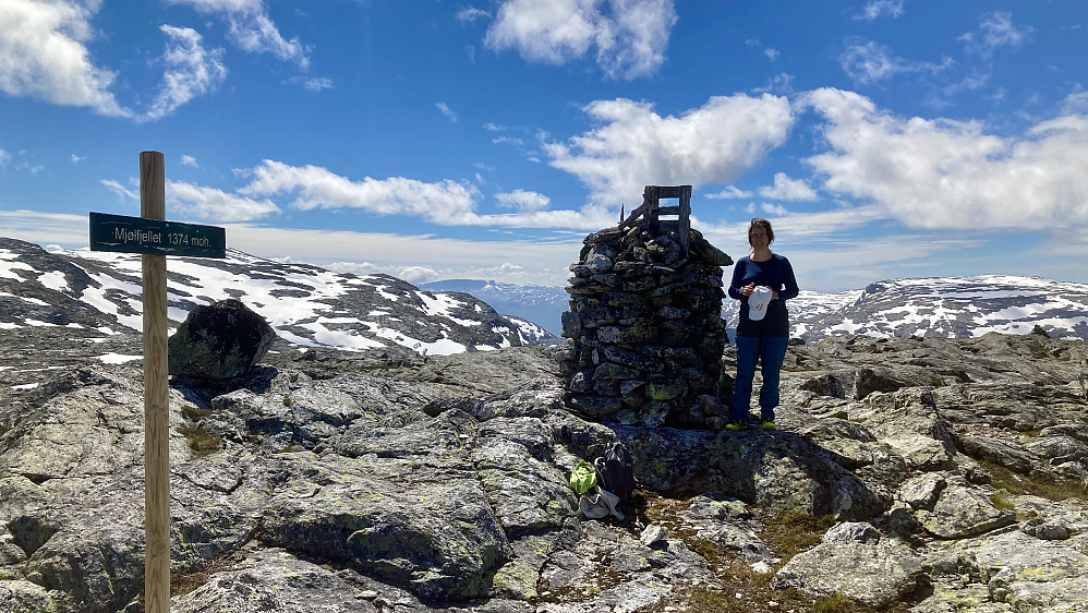 Liv Synnøve på 1374-toppen. Utsikt mot SSV i retning Tyssedalen. Nordbotn-nuten 1471 mot høyre og Skorafjellet 1583 mot venstre