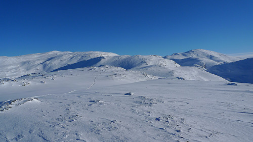 Fra trig-punktet på Vesetfjellet mot øst. Mjølfjell 1470, Midtfjellet og Skorafjell bak