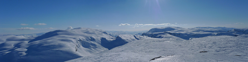 Panorama sørover fra Skipanuten. Fra venstre Vassfjøra, Reinskardnuten, Skreppenut og Skorafjell/Gommahaugane